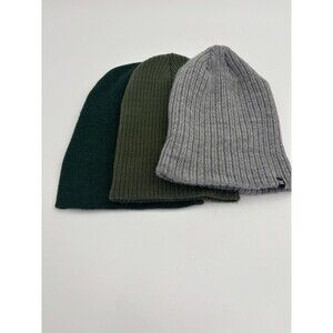 Lot of 3 Knit Beanie Hats Green Olive Gray Unisex Winter Skull Caps Watch Hats